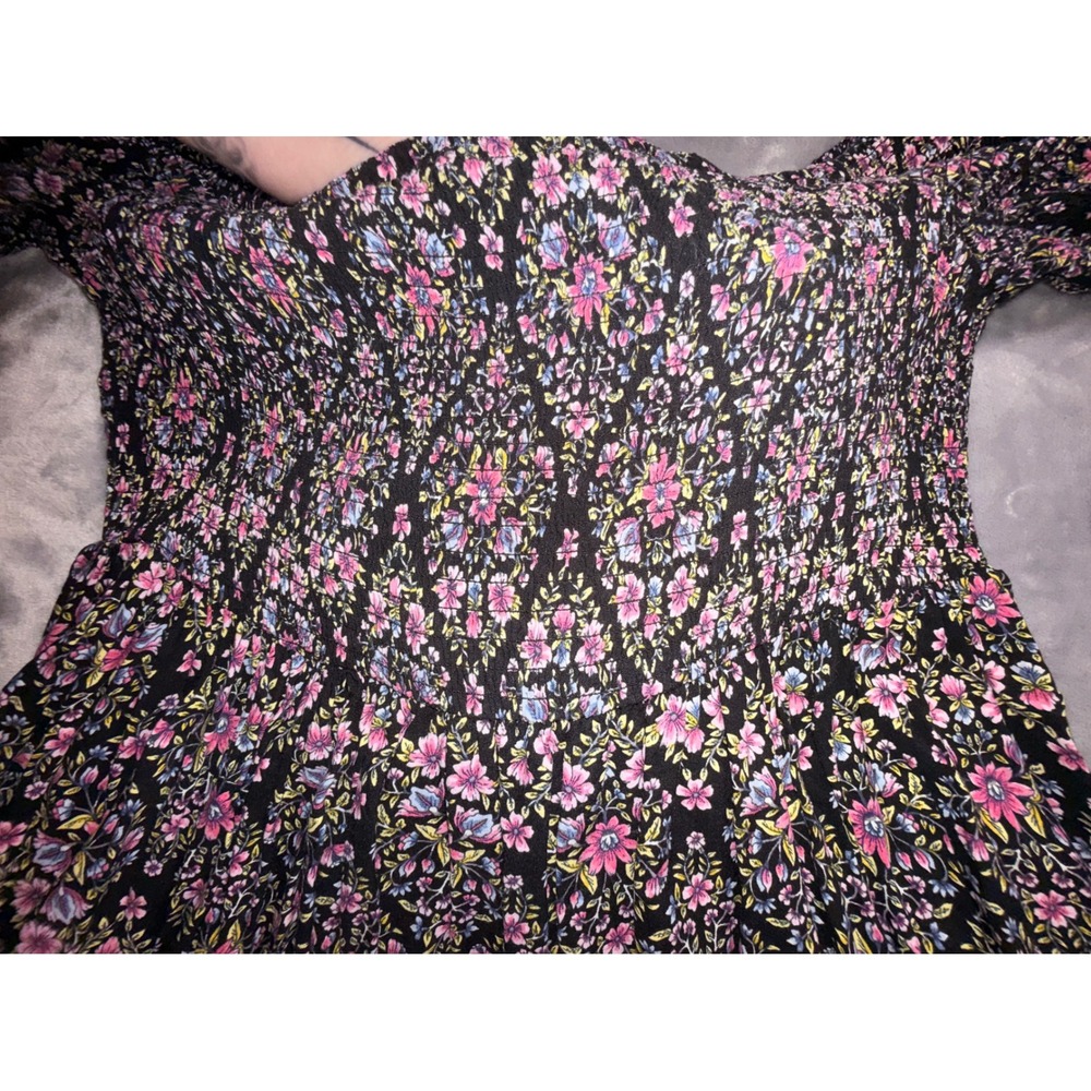Torrid Womens Black Pink Floral Smocked Off The Shoulder Bell Sleeve Mini Dress - Picture 8 of 13